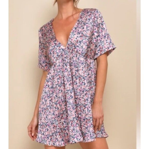 Lulus Dresses & Skirts - Lulus Womens Dress Floral Purple Pink‎ White Tie Back Accordian V-neck XL NEWT